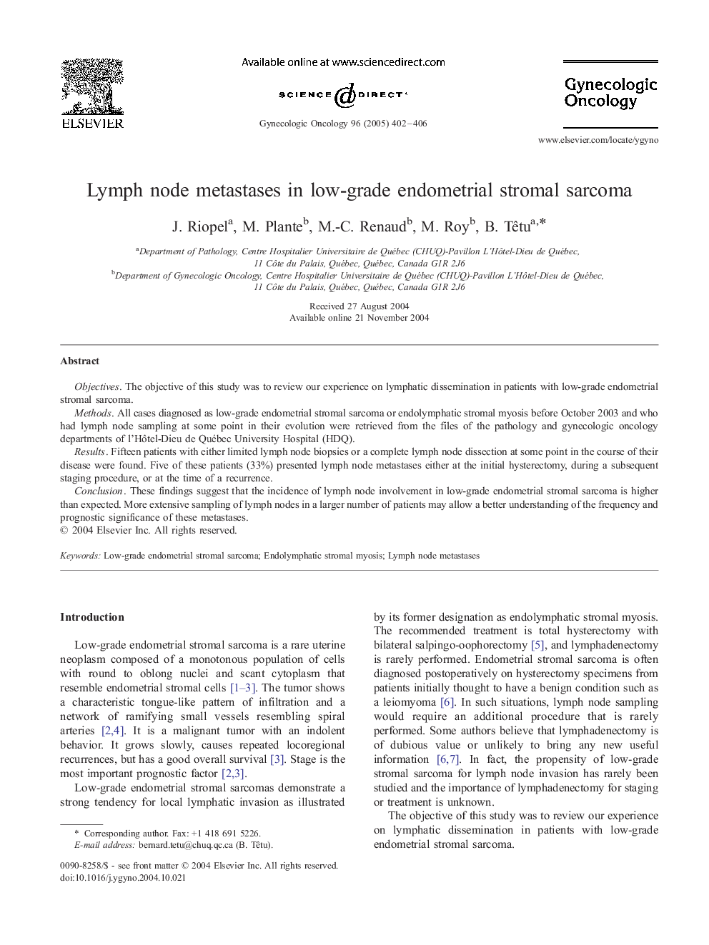 Lymph node metastases in low-grade endometrial stromal sarcoma