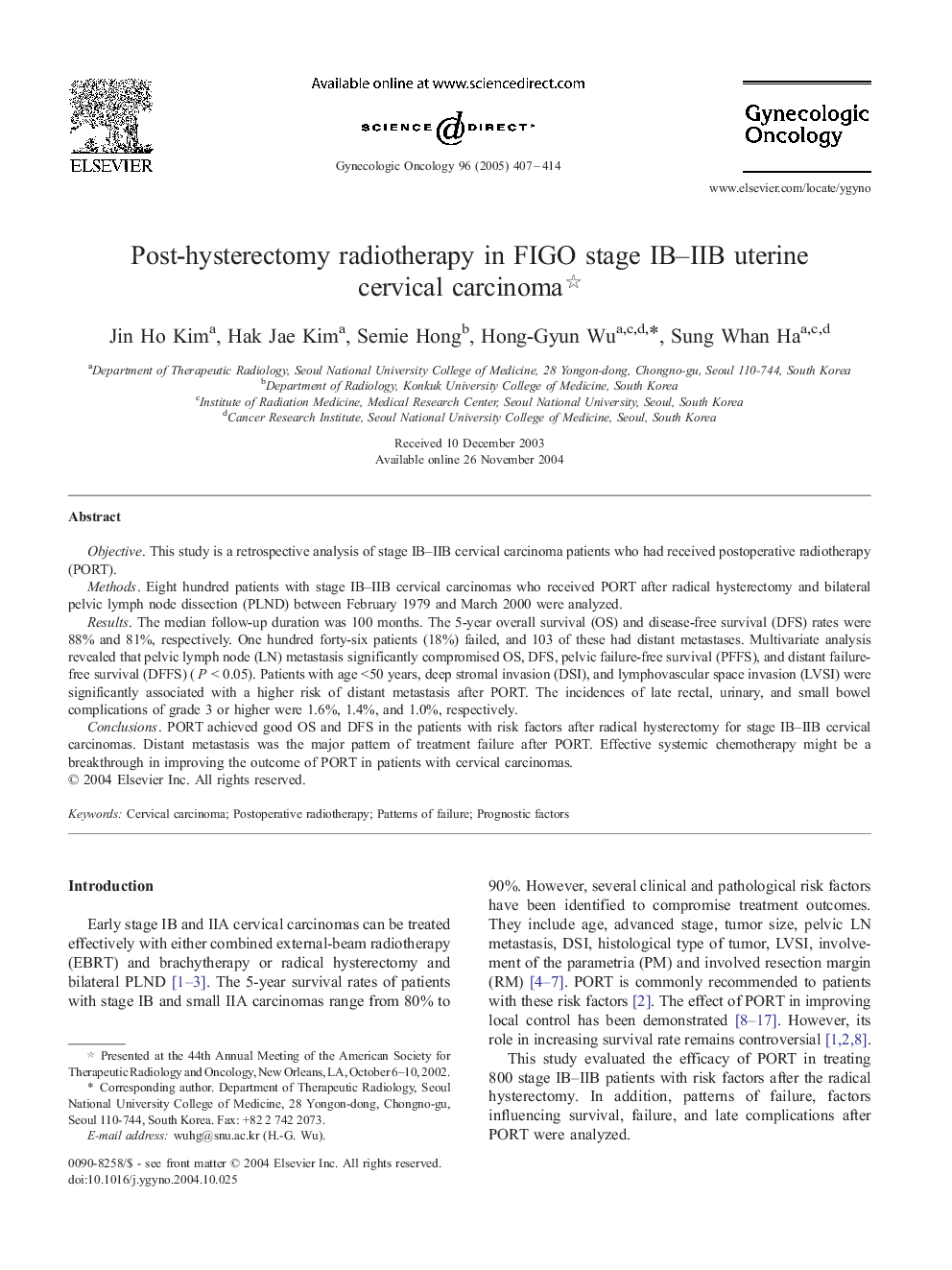 Post-hysterectomy radiotherapy in FIGO stage IB-IIB uterine cervical carcinoma