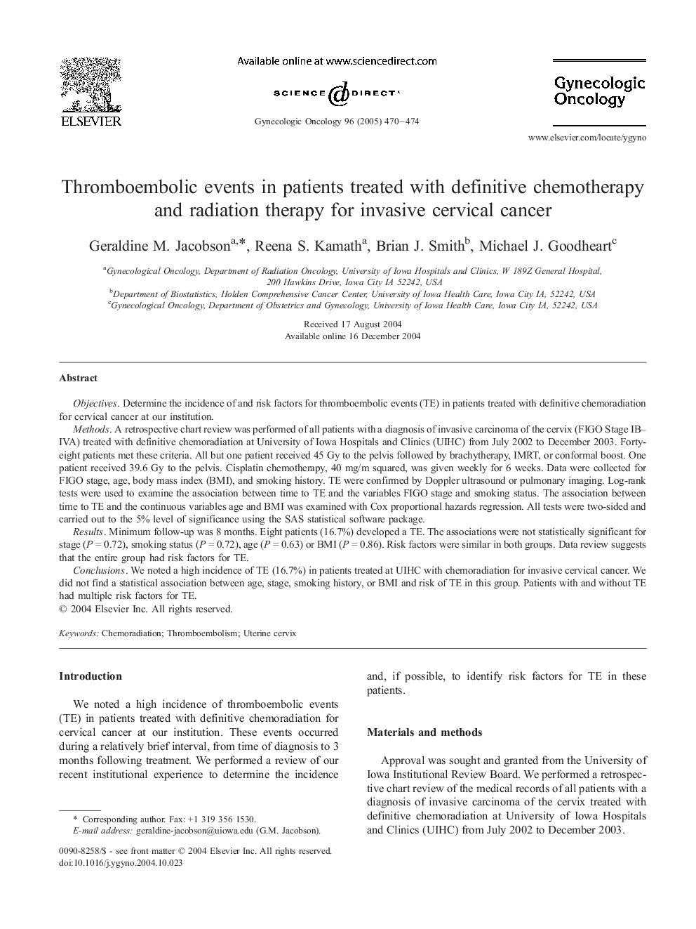 Thromboembolic events in patients treated with definitive chemotherapy and radiation therapy for invasive cervical cancer