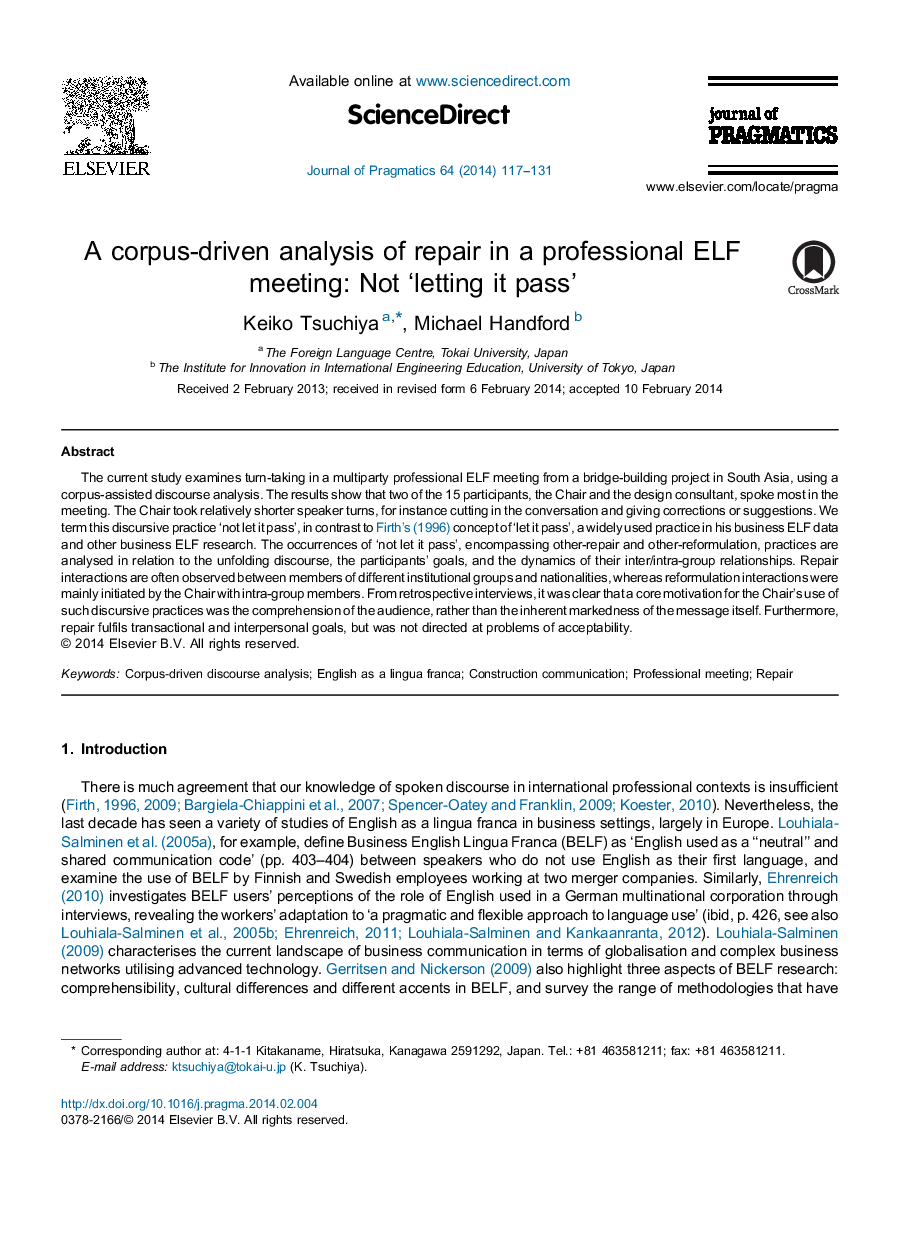 A corpus-driven analysis of repair in a professional ELF meeting: Not ‘letting it pass’