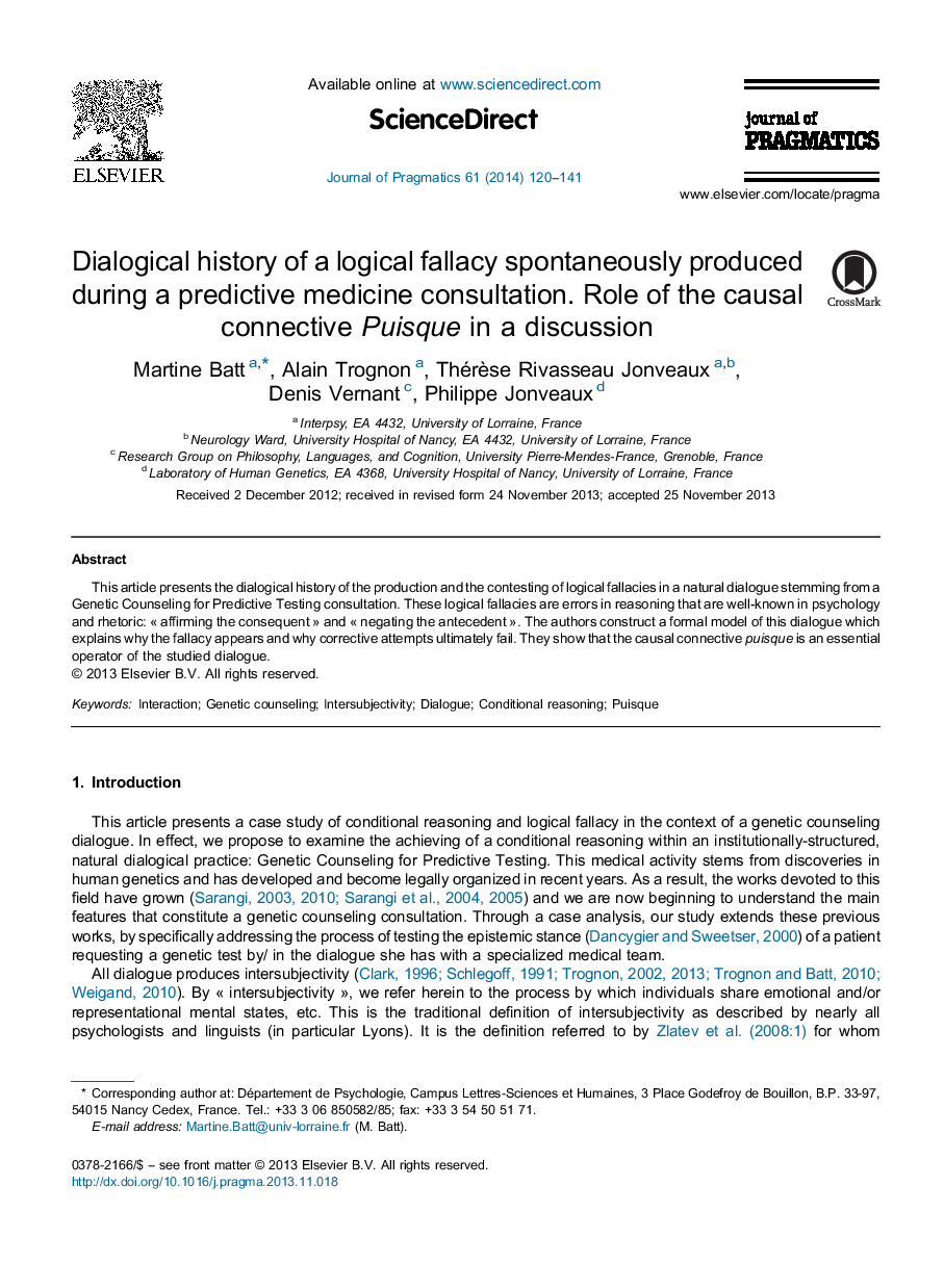 تاریخچه گفتاری از یک اشتباه منطقی به طور خودبهخودی در طول یک مشاوره پزشکی پیش بینی شده تولید می شود. نقش پوزیک ارتباطی علی در یک بحث 