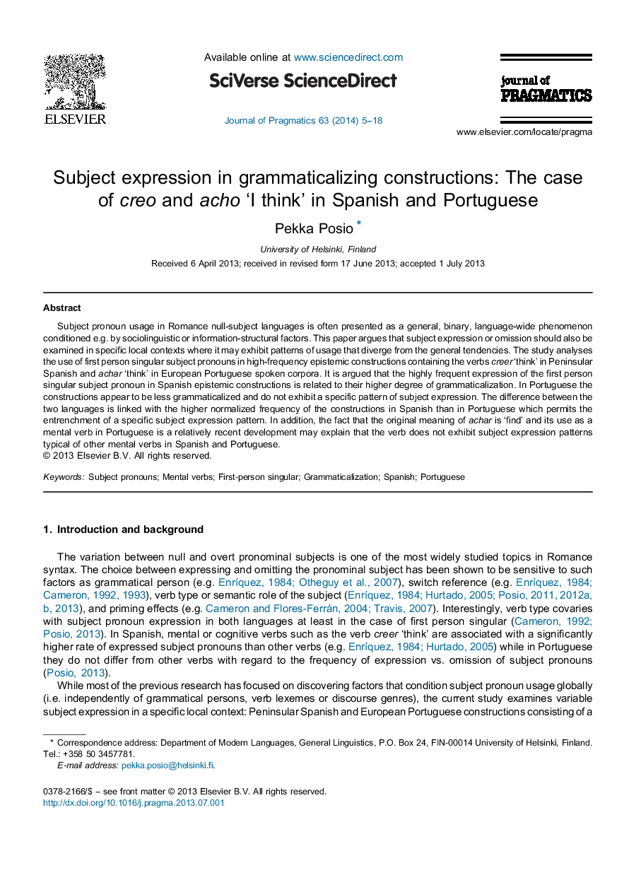 Subject expression in grammaticalizing constructions: The case of creo and acho ‘I think’ in Spanish and Portuguese