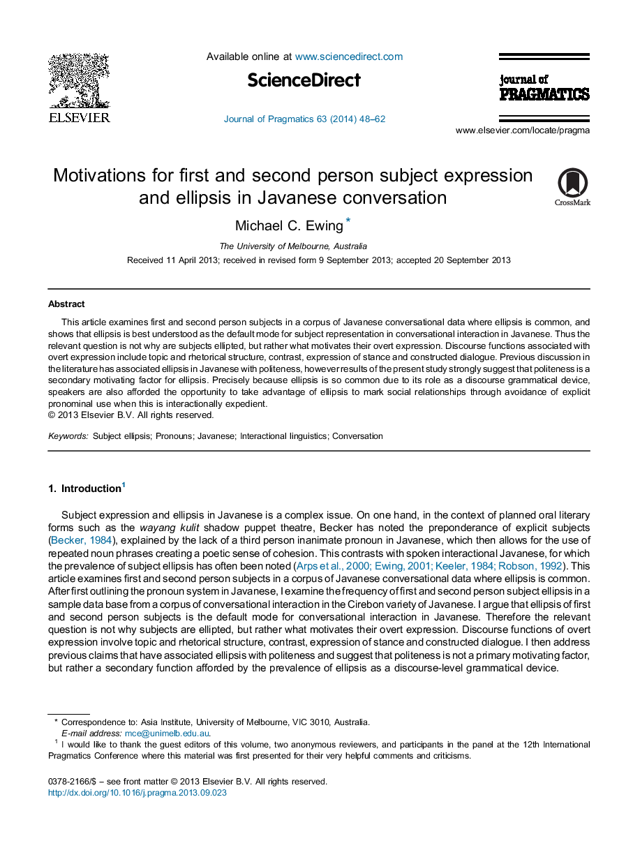 Motivations for first and second person subject expression and ellipsis in Javanese conversation