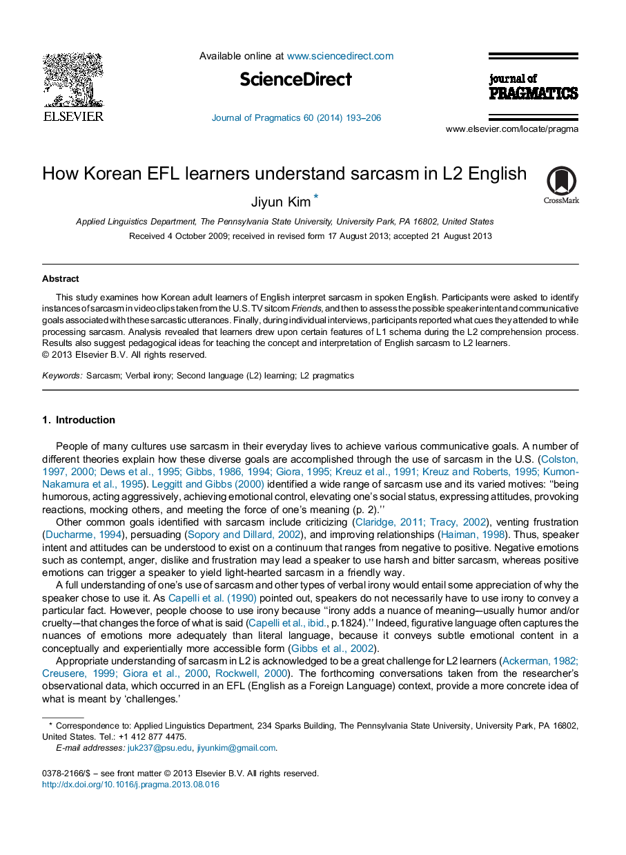 How Korean EFL learners understand sarcasm in L2 English