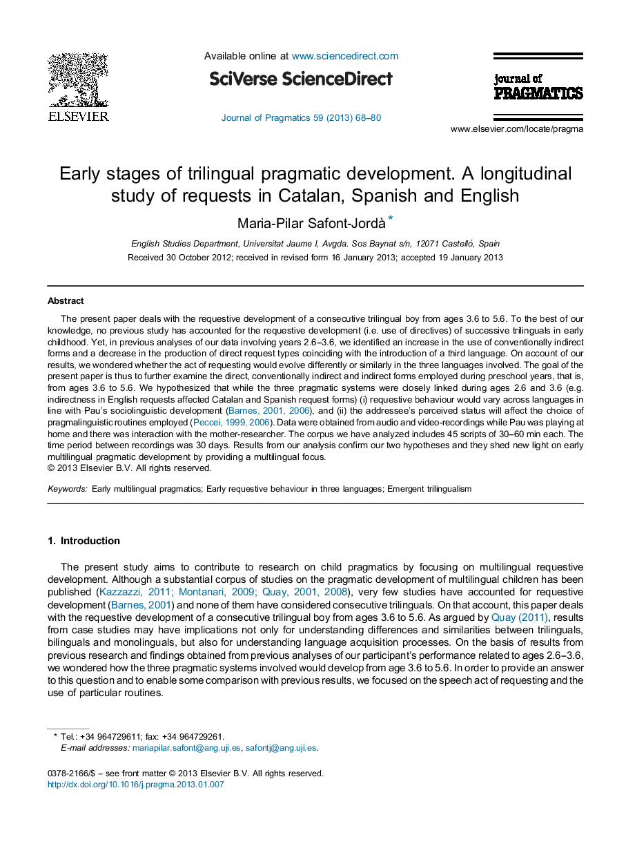 Early stages of trilingual pragmatic development. A longitudinal study of requests in Catalan, Spanish and English