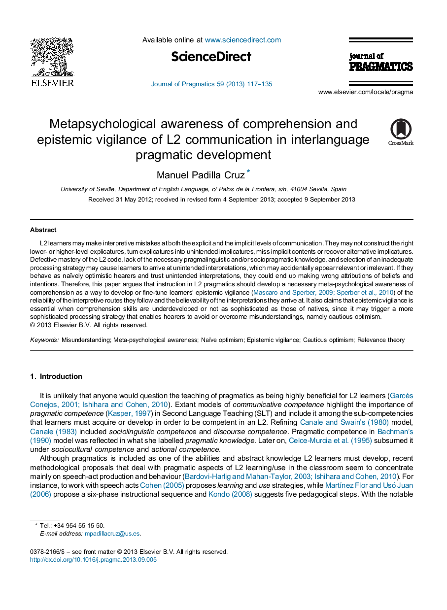 Metapsychological awareness of comprehension and epistemic vigilance of L2 communication in interlanguage pragmatic development