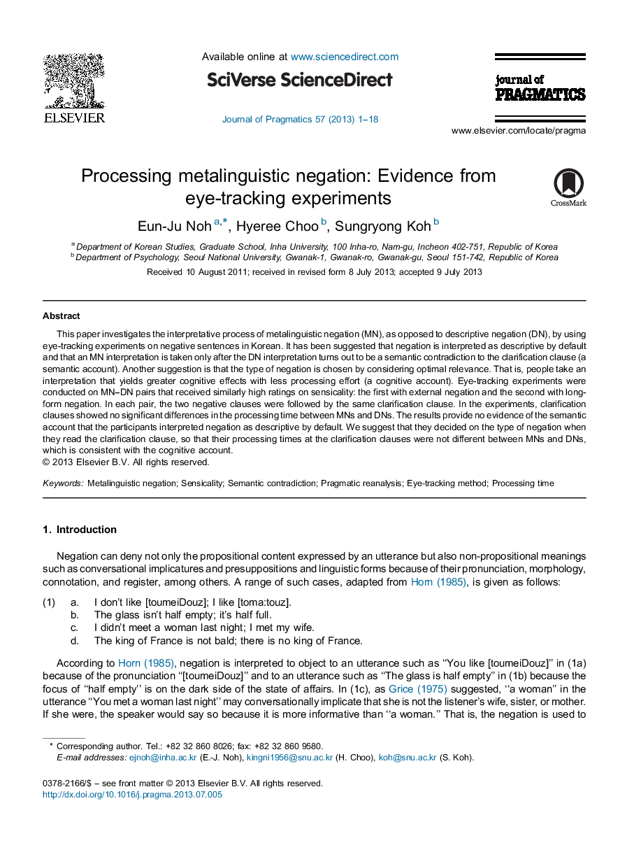 Processing metalinguistic negation: Evidence from eye-tracking experiments