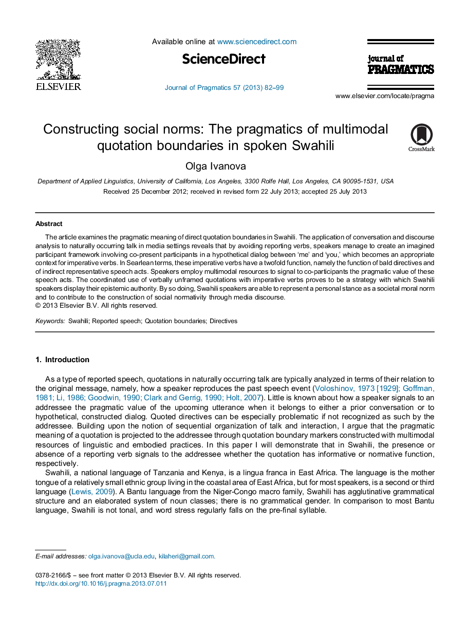 Constructing social norms: The pragmatics of multimodal quotation boundaries in spoken Swahili