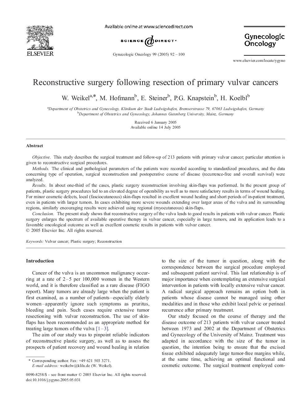 Reconstructive surgery following resection of primary vulvar cancers