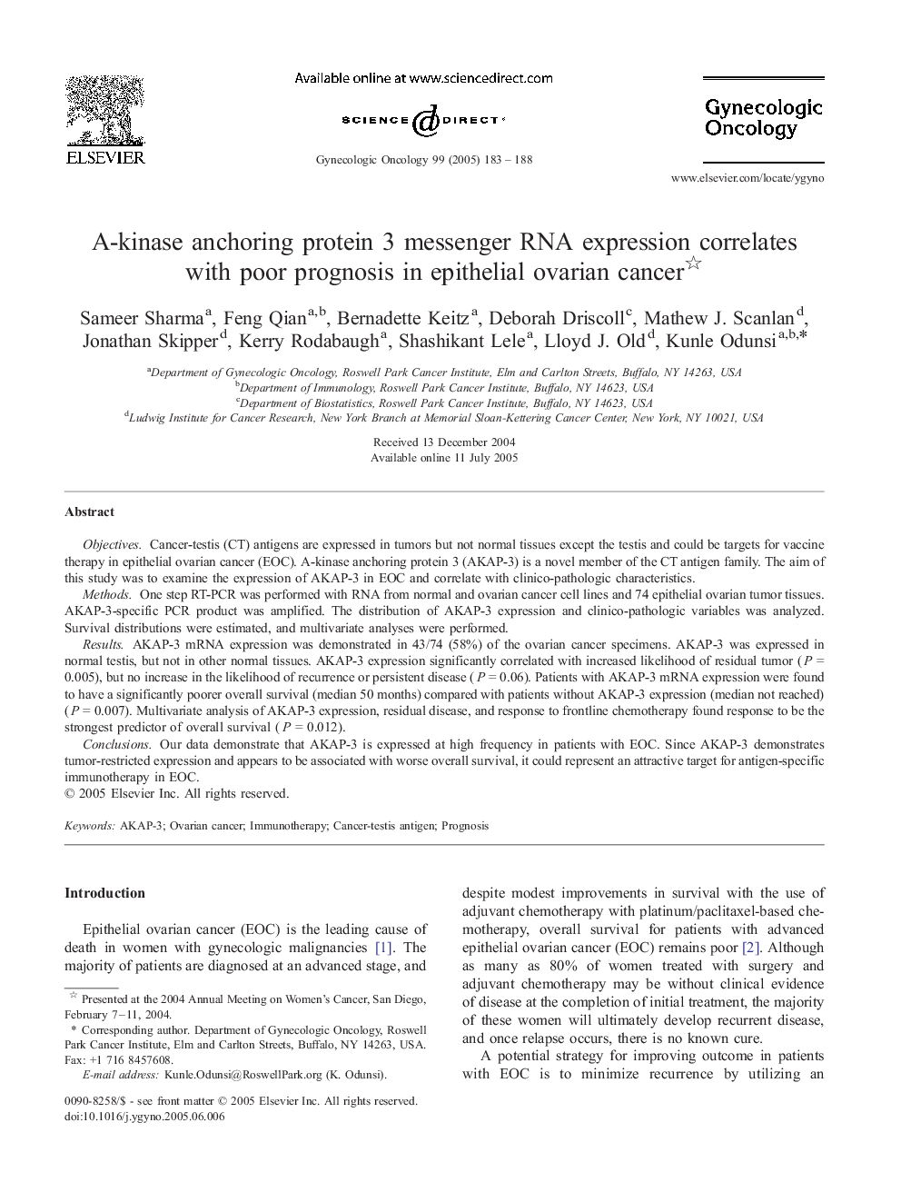 A-kinase anchoring protein 3 messenger RNA expression correlates with poor prognosis in epithelial ovarian cancer