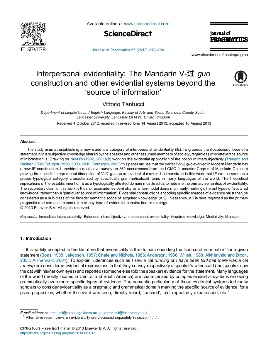 Interpersonal evidentiality: The Mandarin V-过 guo construction and other evidential systems beyond the ‘source of information’