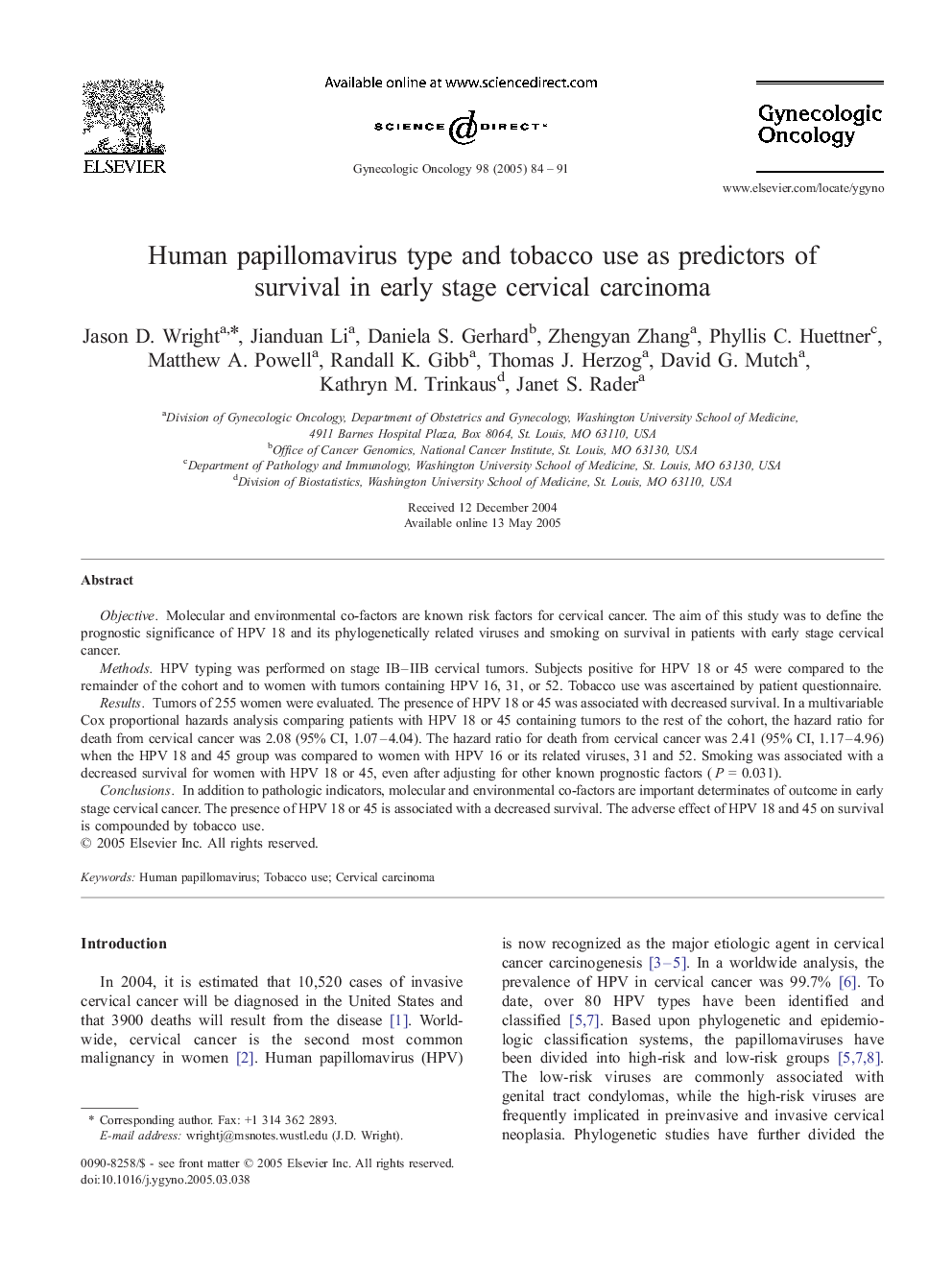 Human papillomavirus type and tobacco use as predictors of survival in early stage cervical carcinoma