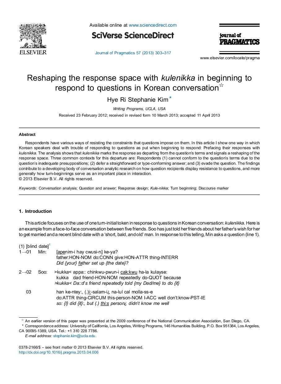 Reshaping the response space with kulenikka in beginning to respond to questions in Korean conversation 