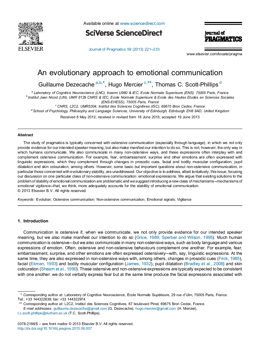 An evolutionary approach to emotional communication