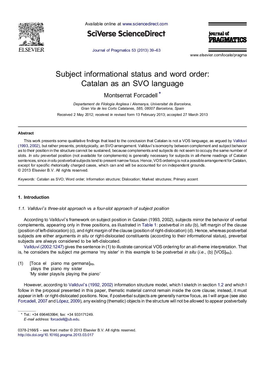 Subject informational status and word order: Catalan as an SVO language