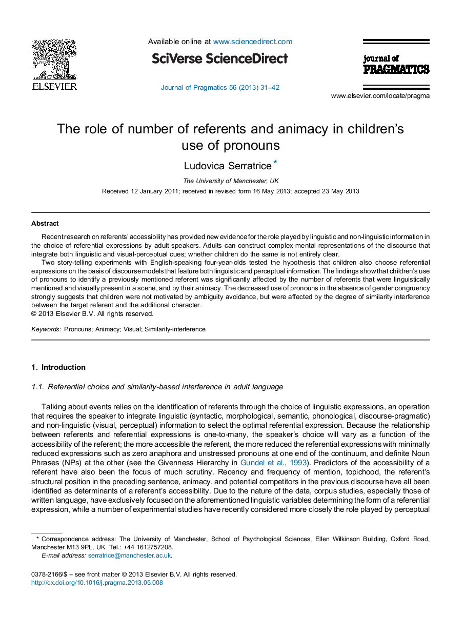 The role of number of referents and animacy in children's use of pronouns