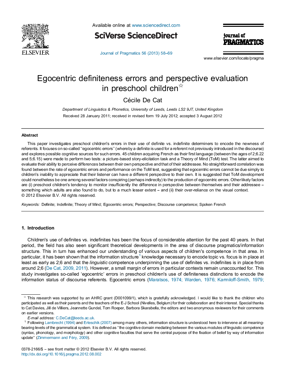 Egocentric definiteness errors and perspective evaluation in preschool children 