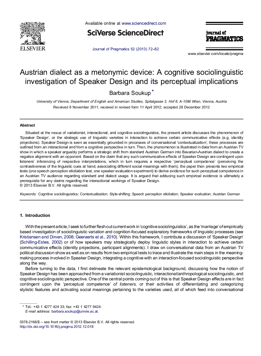 Austrian dialect as a metonymic device: A cognitive sociolinguistic investigation of Speaker Design and its perceptual implications