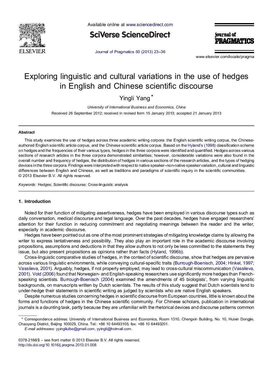 Exploring linguistic and cultural variations in the use of hedges in English and Chinese scientific discourse