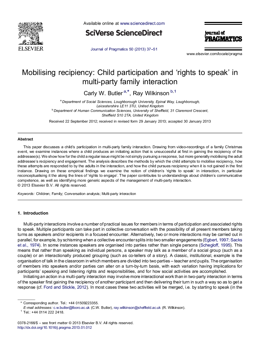 Mobilising recipiency: Child participation and ‘rights to speak’ in multi-party family interaction