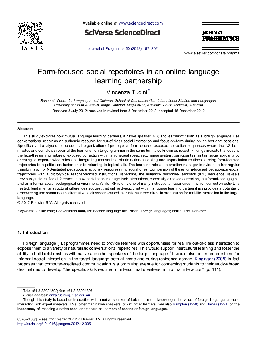 Form-focused social repertoires in an online language learning partnership