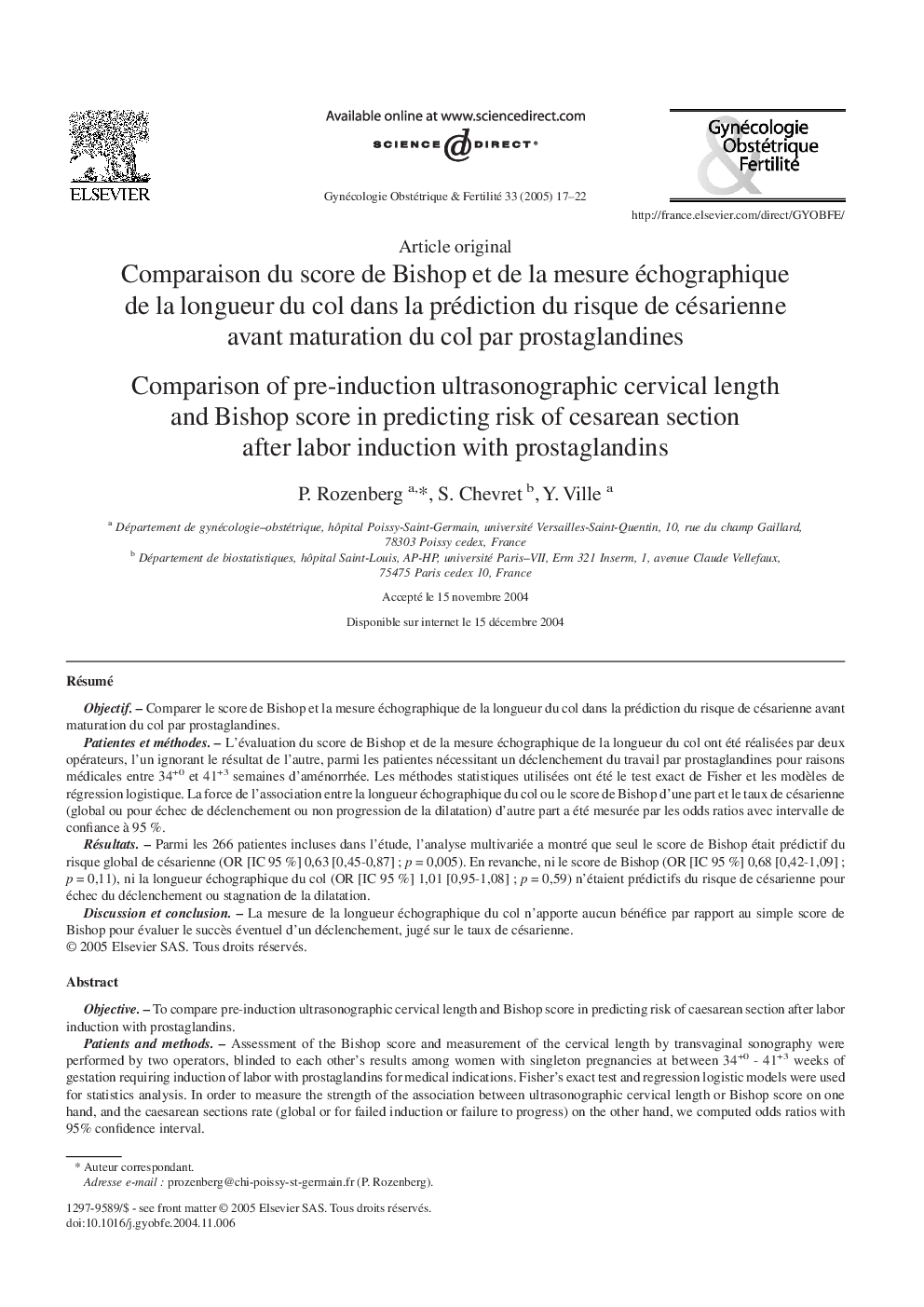 Comparaison du score de Bishop et de la mesure échographique de la longueur du col dans la prédiction du risque de césarienne avant maturation du col par prostaglandines