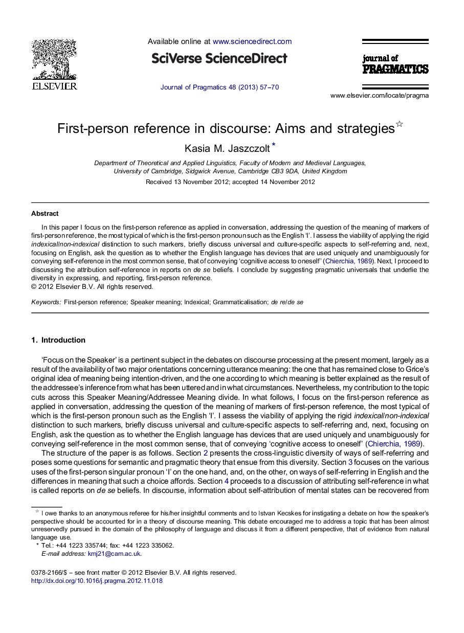 First-person reference in discourse: Aims and strategies 