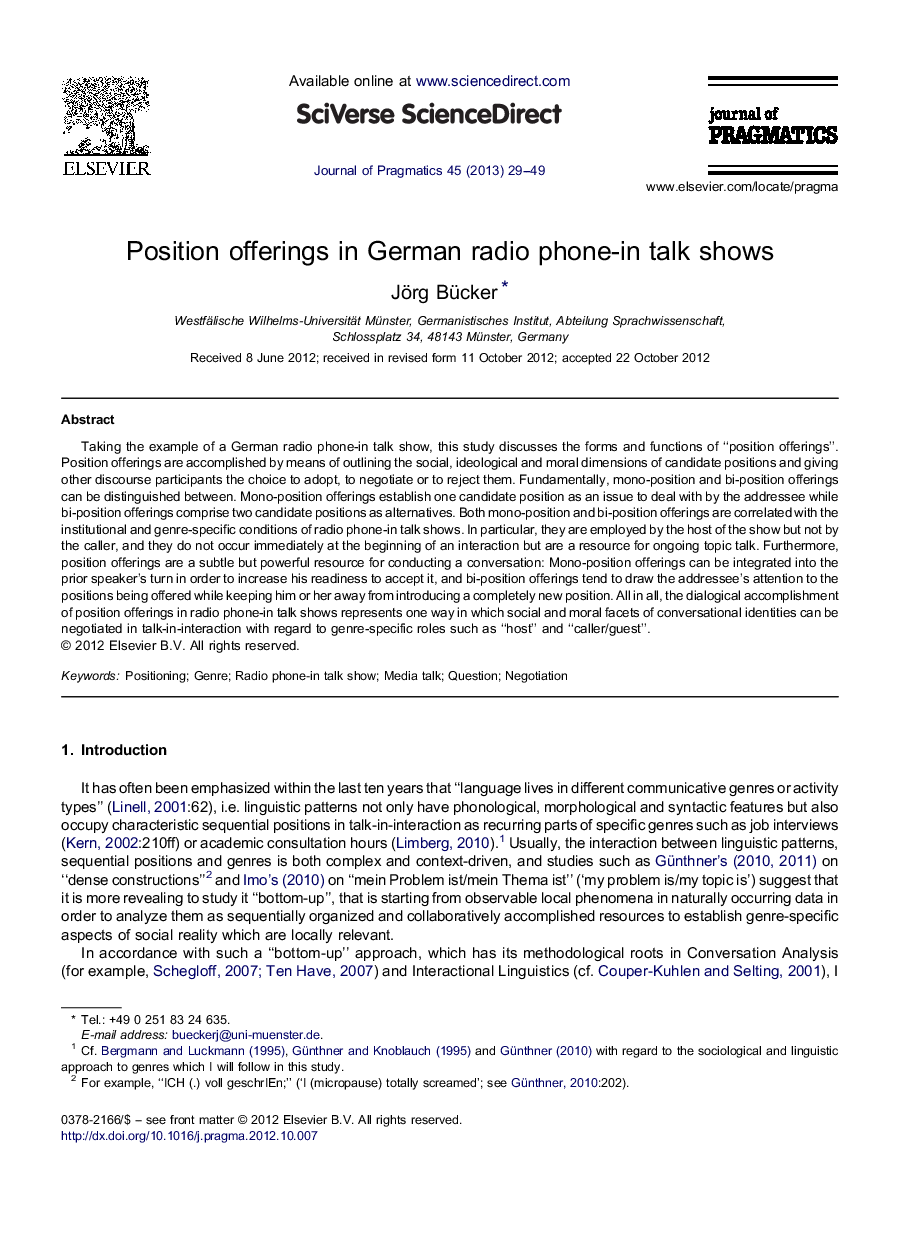 Position offerings in German radio phone-in talk shows