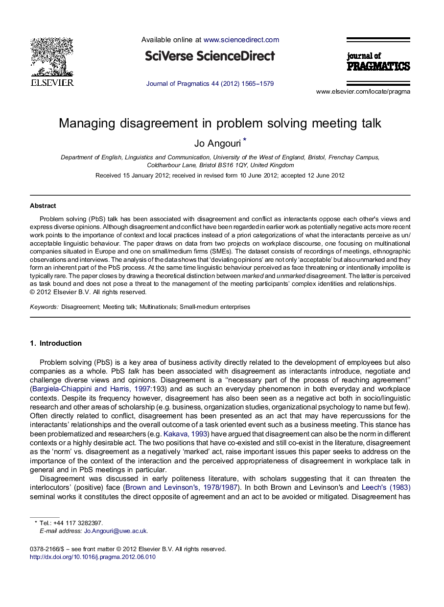 Managing disagreement in problem solving meeting talk