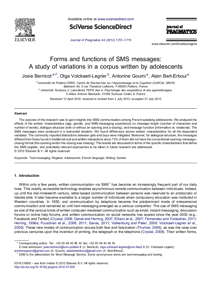 Forms and functions of SMS messages: A study of variations in a corpus written by adolescents