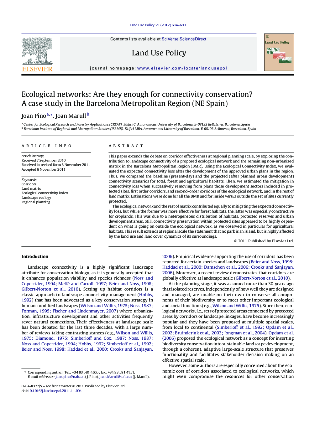 Ecological networks: Are they enough for connectivity conservation? A case study in the Barcelona Metropolitan Region (NE Spain)