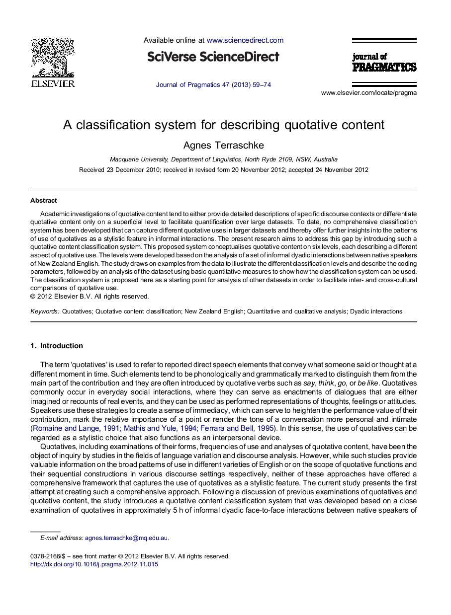 A classification system for describing quotative content