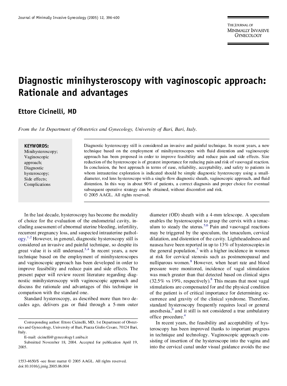 Diagnostic minihysteroscopy with vaginoscopic approach: Rationale and advantages