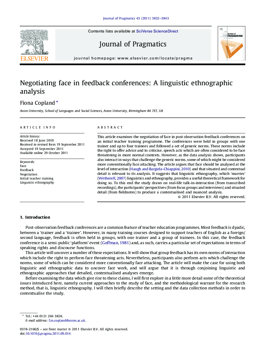 Negotiating face in feedback conferences: A linguistic ethnographic analysis