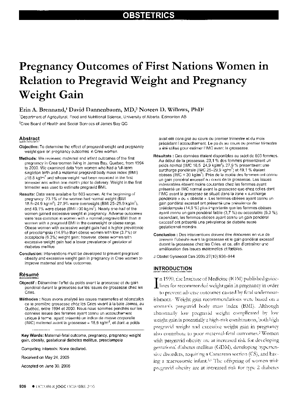 Pregnancy Outcomes of First Nations Women in Relation to Pregravid Weight and Pregnancy Weight Gain