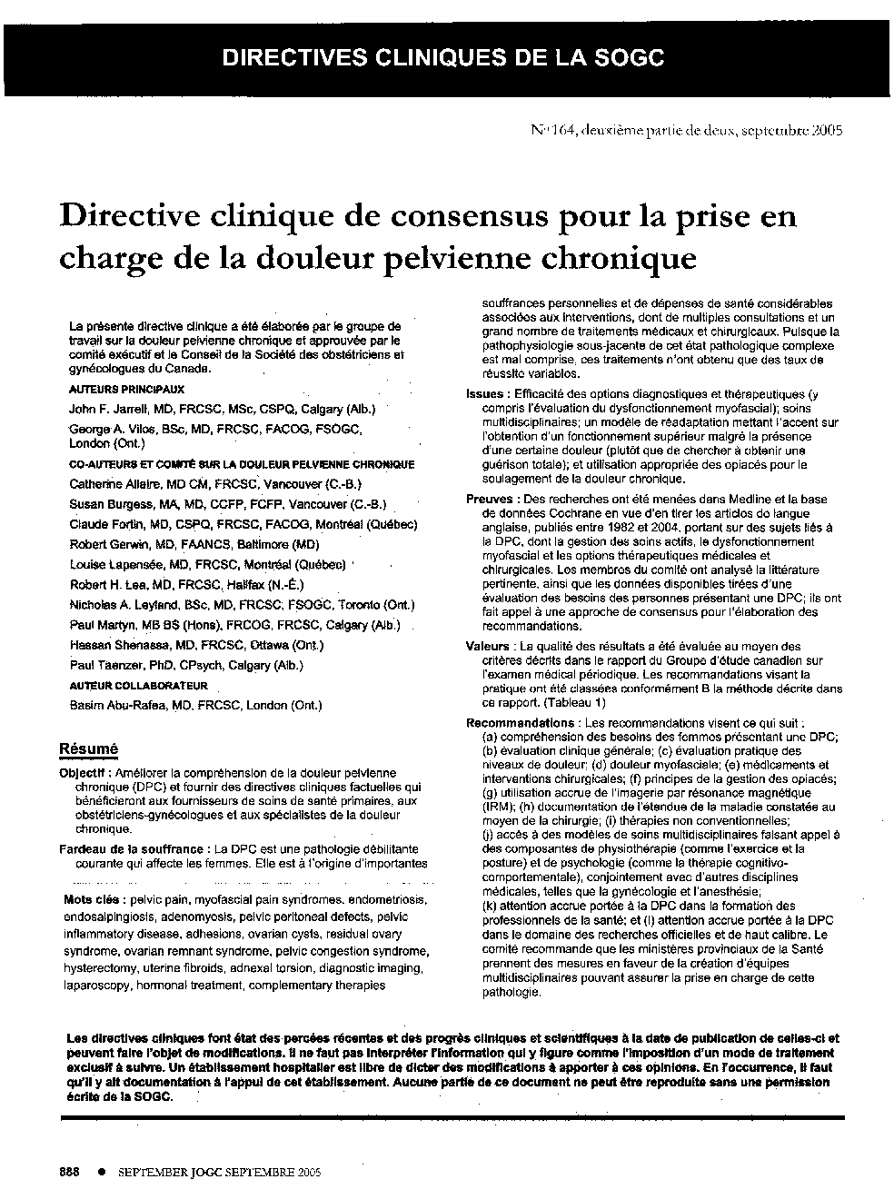 Directive clinique de consensus pour la prise en charge de la douleur pelvienne chronique