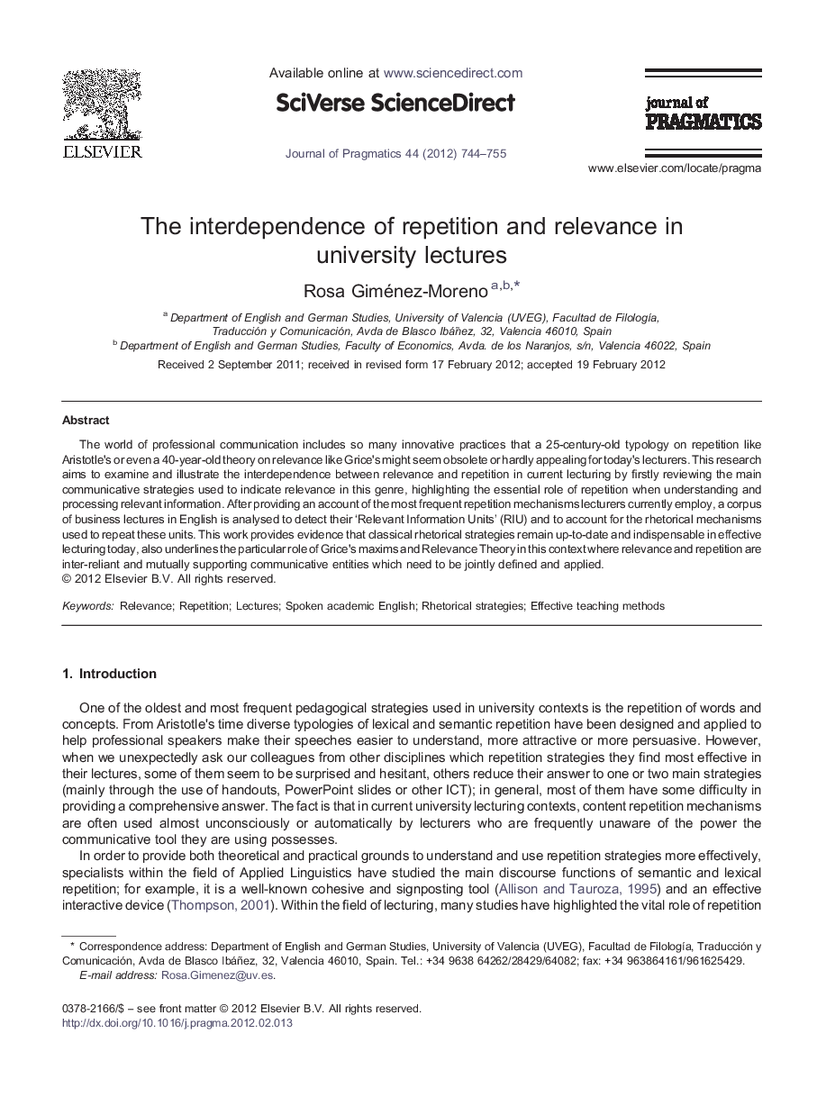 عکس صفحه اول مقاله: The interdependence of repetition and relevance in university lectures The interdependence of repetition and relevance in university lectures