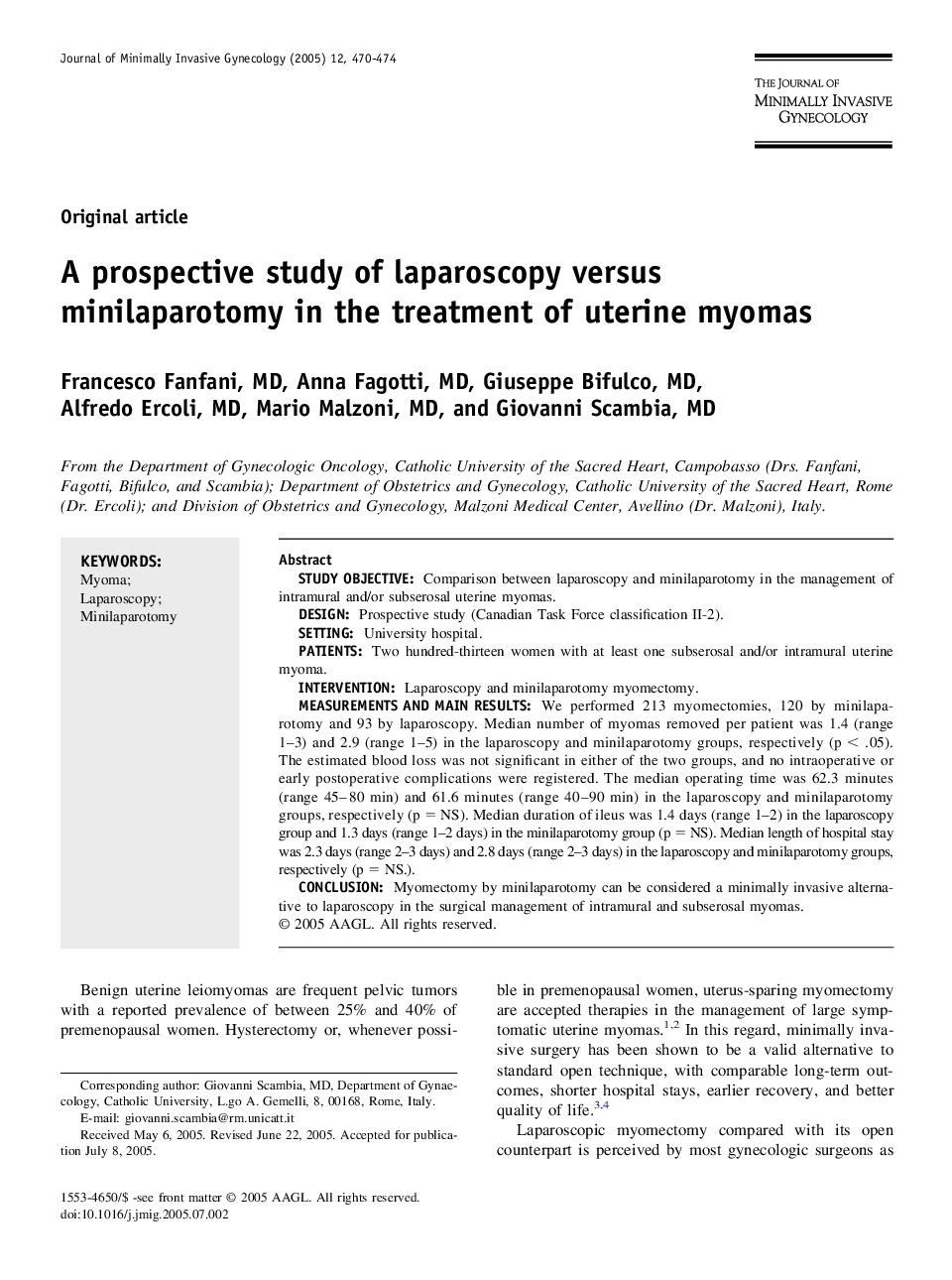 A prospective study of laparoscopy versus minilaparotomy in the treatment of uterine myomas