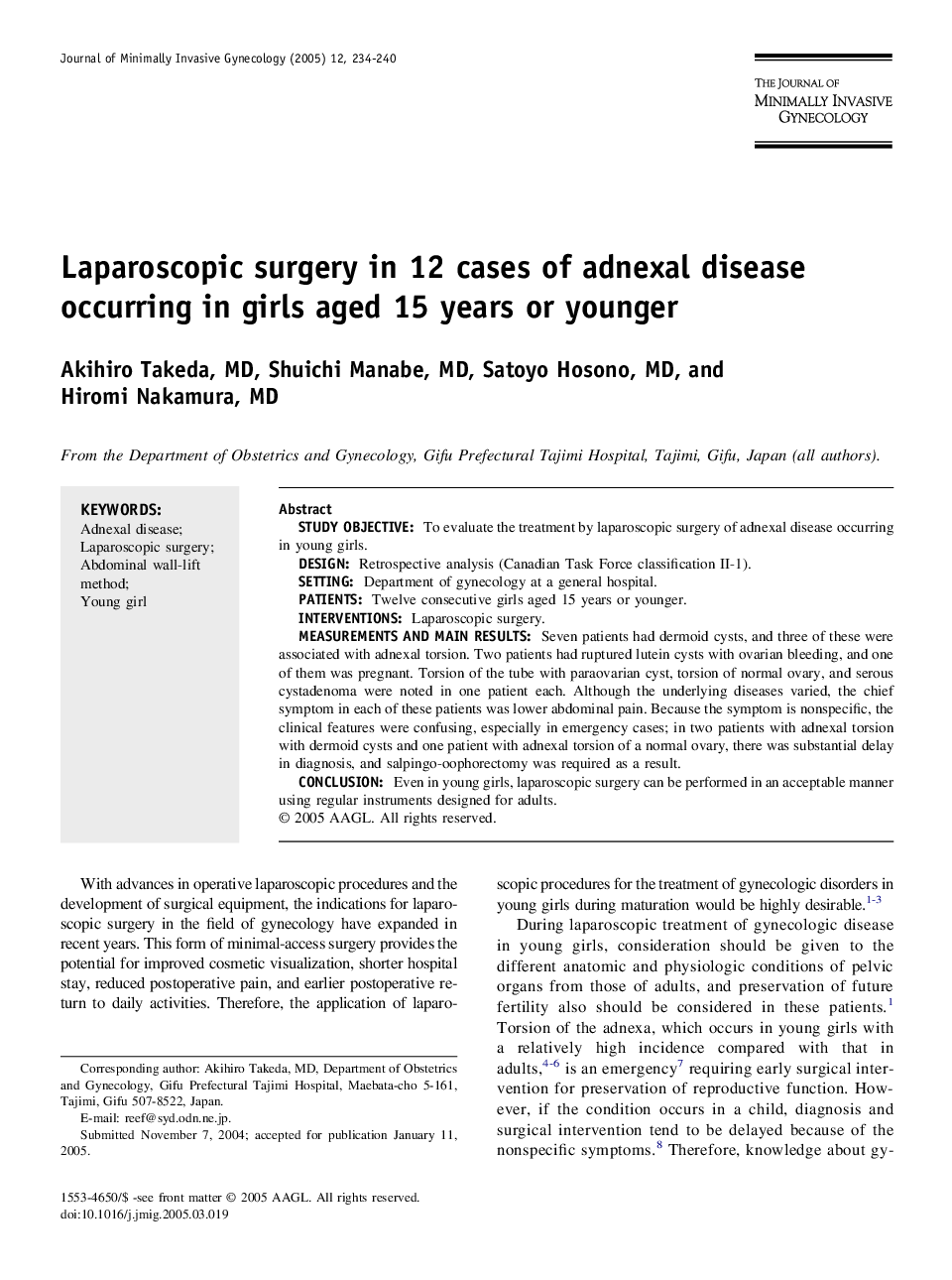 Laparoscopic surgery in 12 cases of adnexal disease occurring in girls aged 15 years or younger