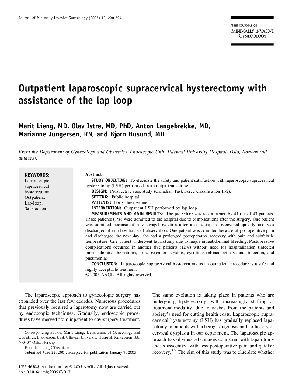 Outpatient laparoscopic supracervical hysterectomy with assistance of the lap loop