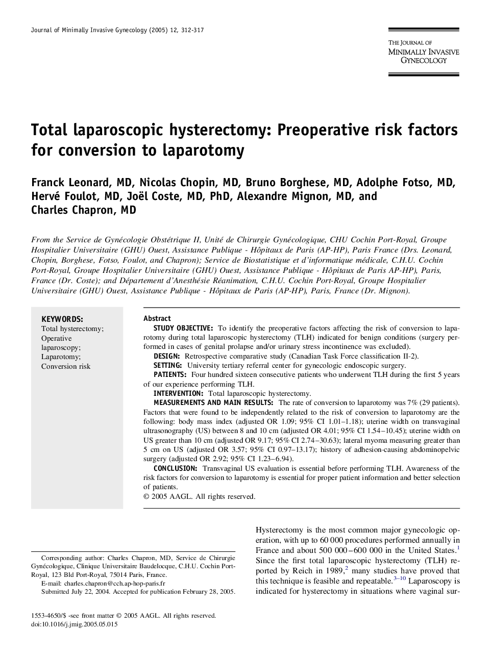 Total laparoscopic hysterectomy: Preoperative risk factors for conversion to laparotomy