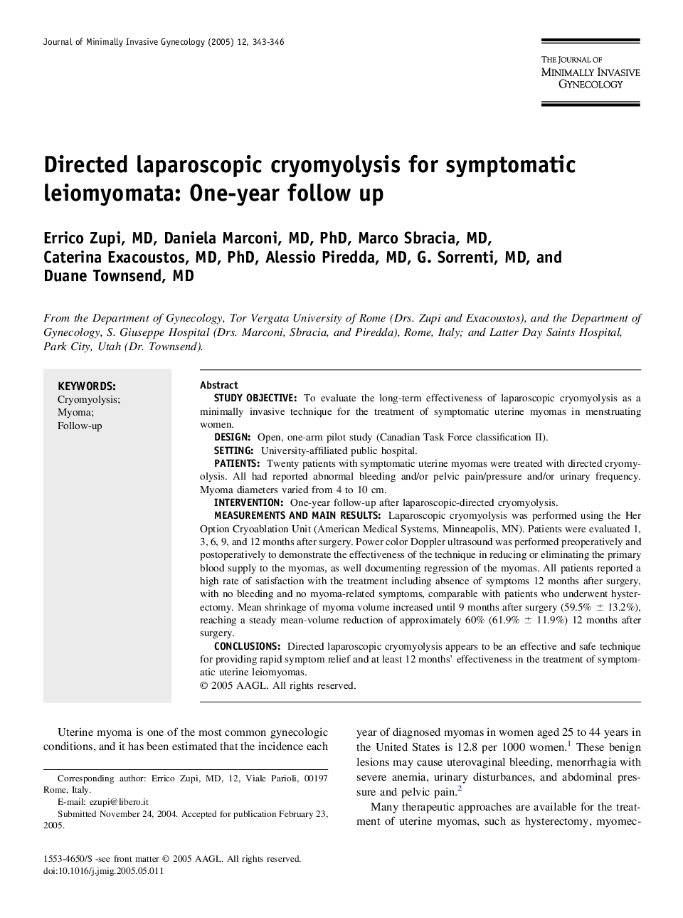 Directed laparoscopic cryomyolysis for symptomatic leiomyomata: One-year follow up