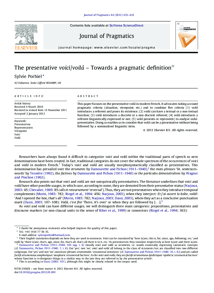 The presentative voici/voilà – Towards a pragmatic definition 