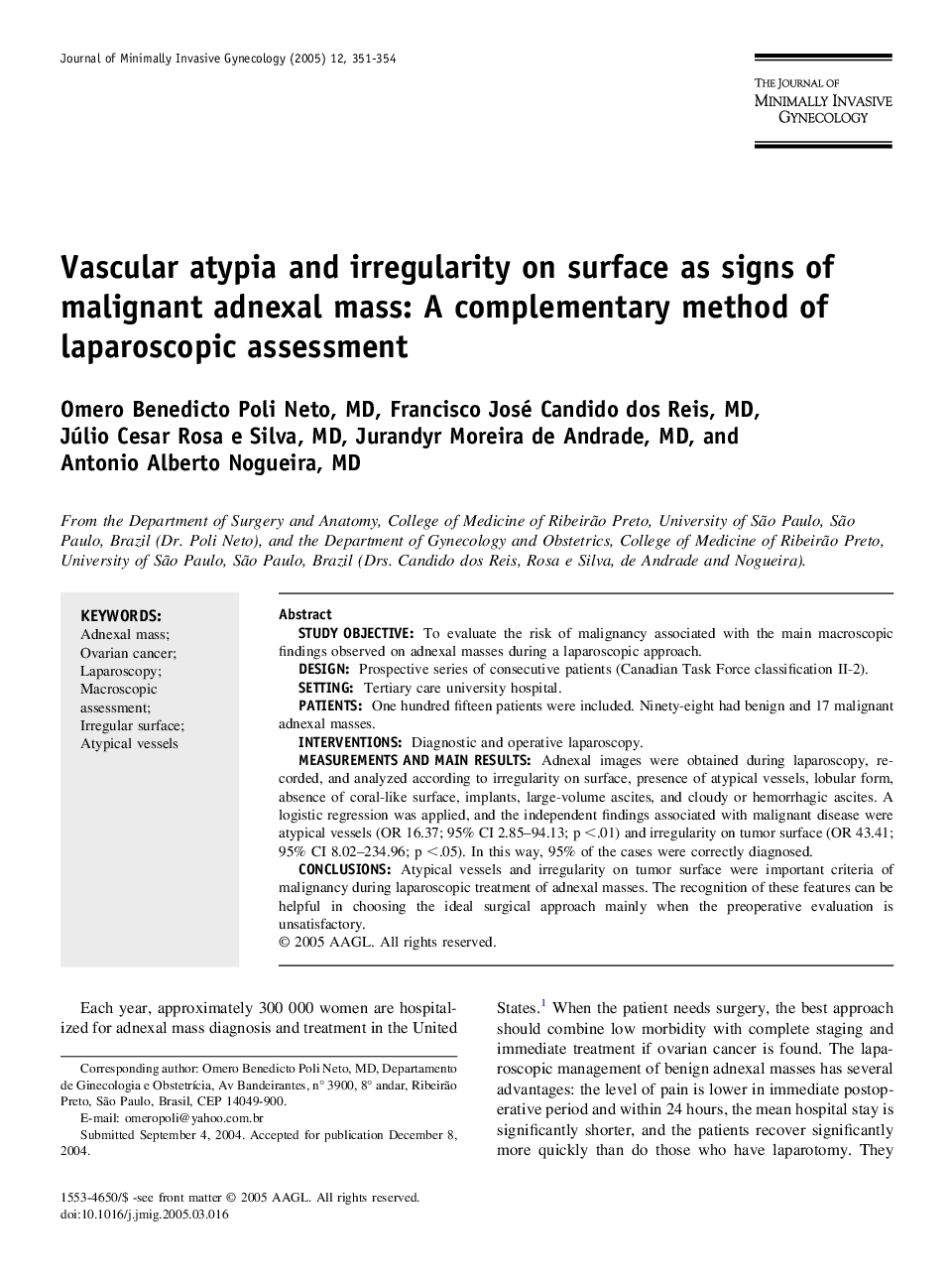 Vascular atypia and irregularity on surface as signs of malignant adnexal mass: A complementary method of laparoscopic assessment