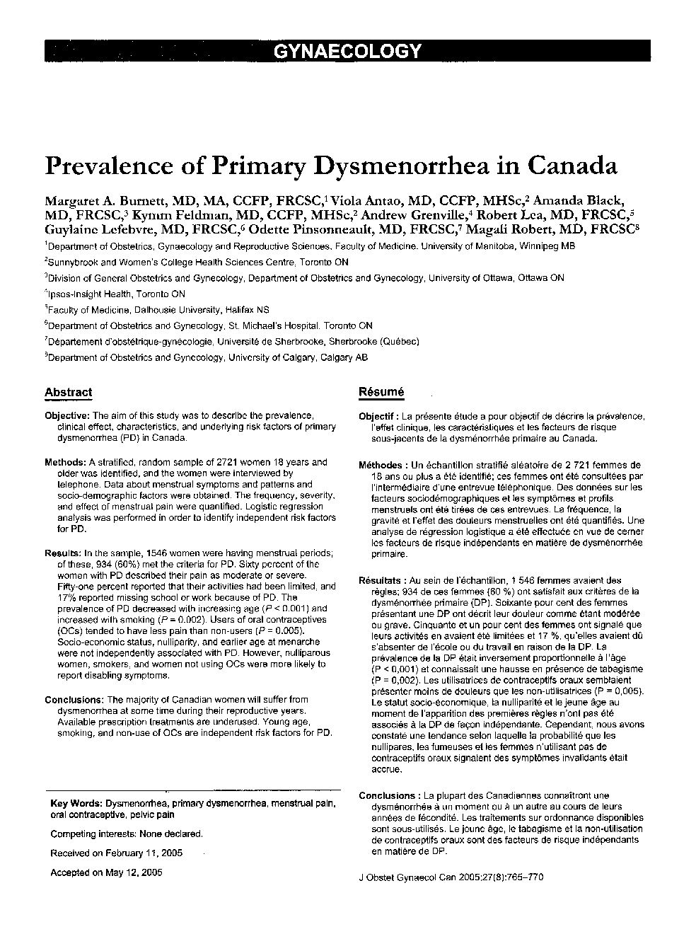 Prevalence of Primary Dysmenorrhea in Canada