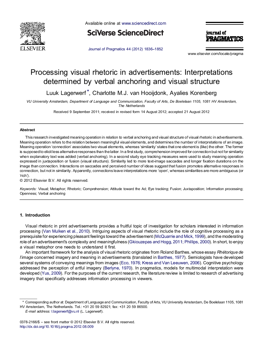 Processing visual rhetoric in advertisements: Interpretations determined by verbal anchoring and visual structure