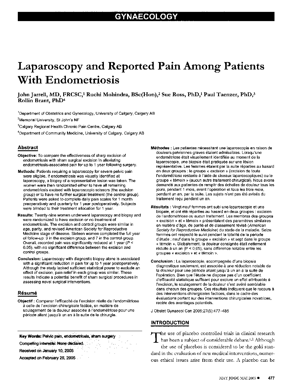 Laparoscopy and Reported Pain among Patients with Endometriosis