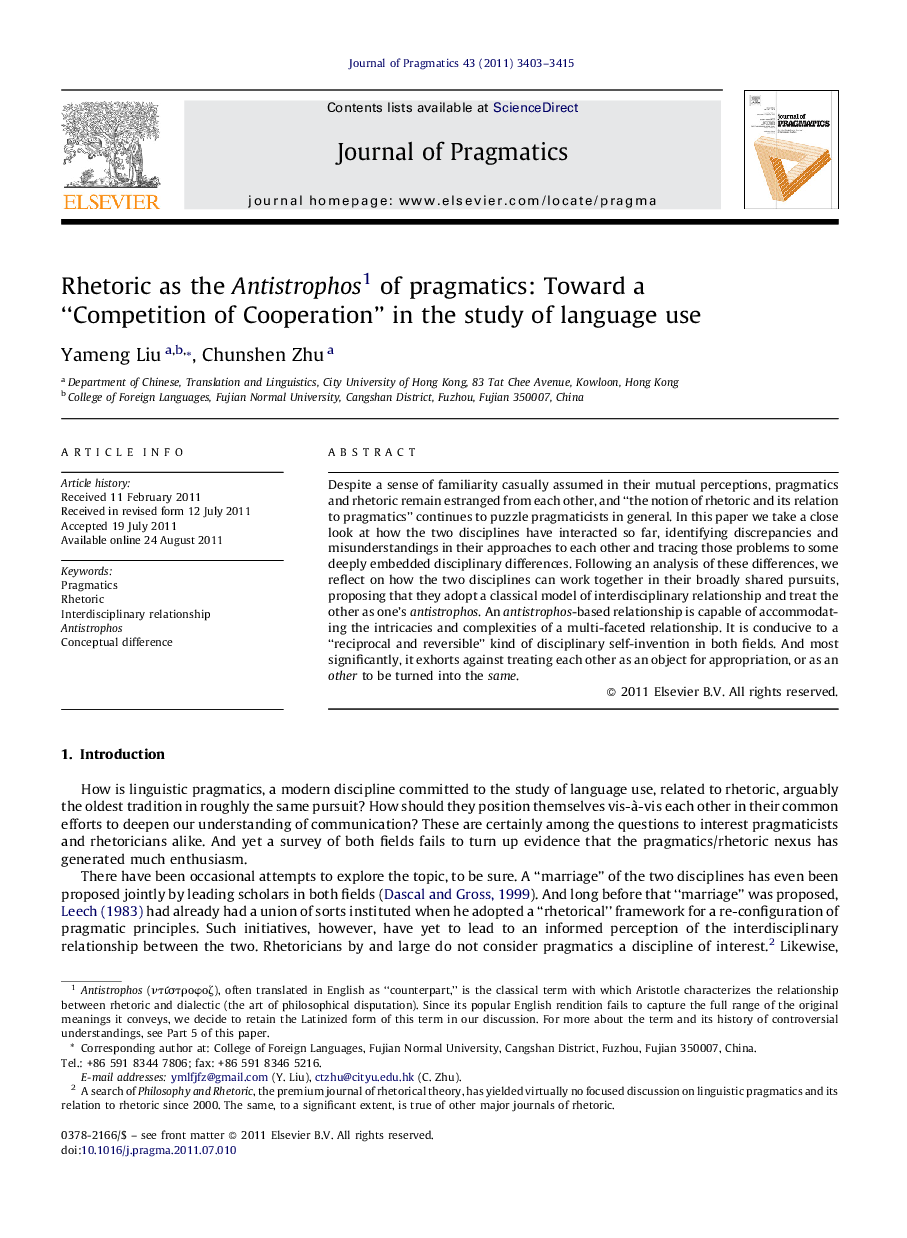 Rhetoric as the Antistrophos 1 of pragmatics: Toward a “Competition of Cooperation” in the study of language use