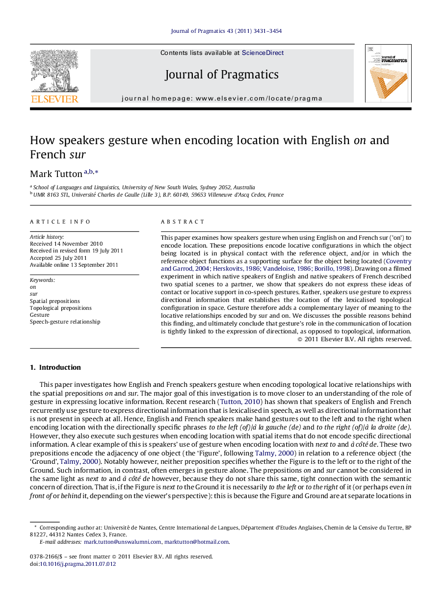 How speakers gesture when encoding location with English on and French sur