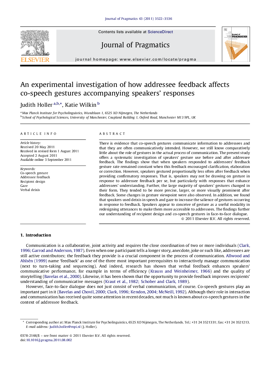 An experimental investigation of how addressee feedback affects co-speech gestures accompanying speakers’ responses